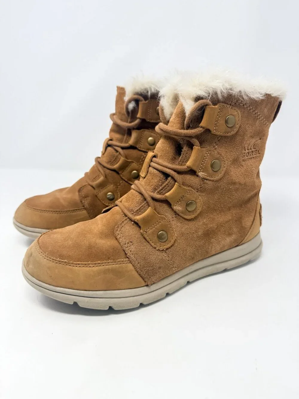 Sorel Explorer Joan Ankle Boots Women's 7.5 Tan Suede Lace Up Fur Trim NL3039